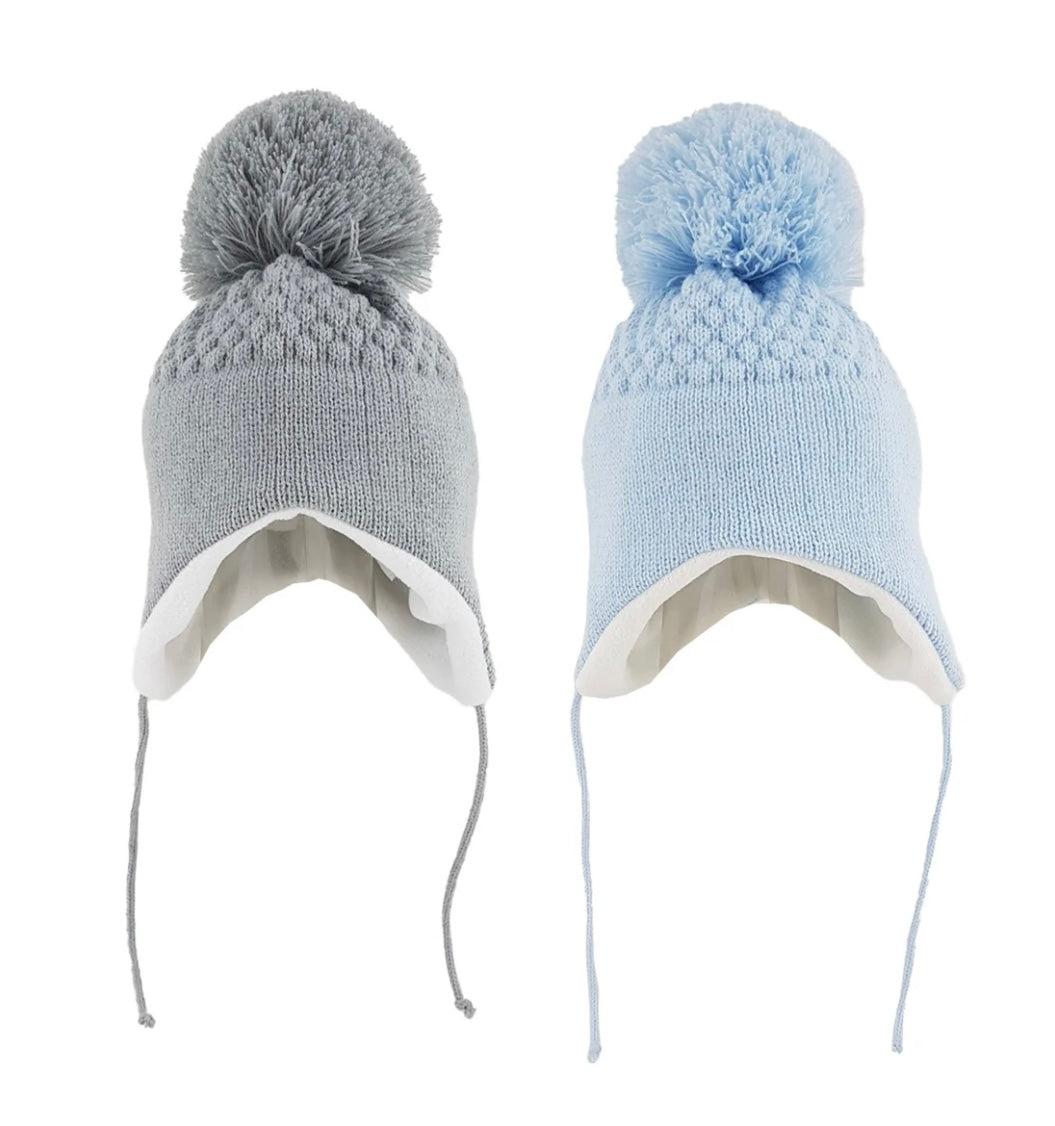 Blue or grey Pom Pom hats with ties