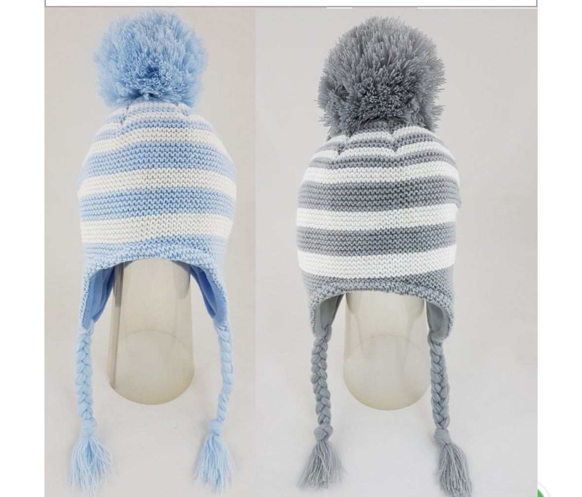 Stripe knitted pom pom hat