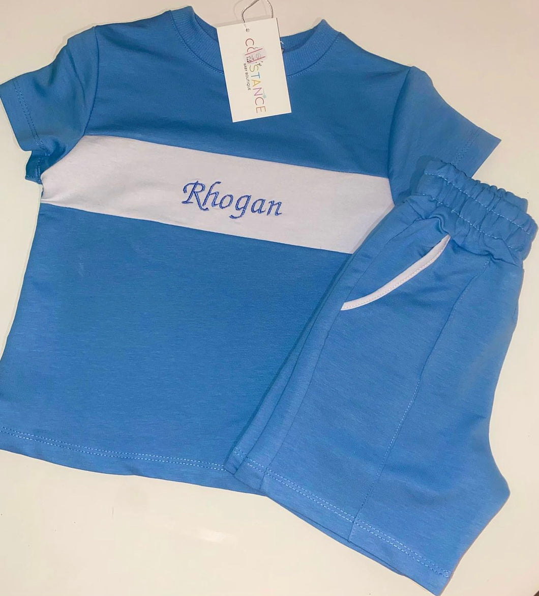 Blue & white block short set
