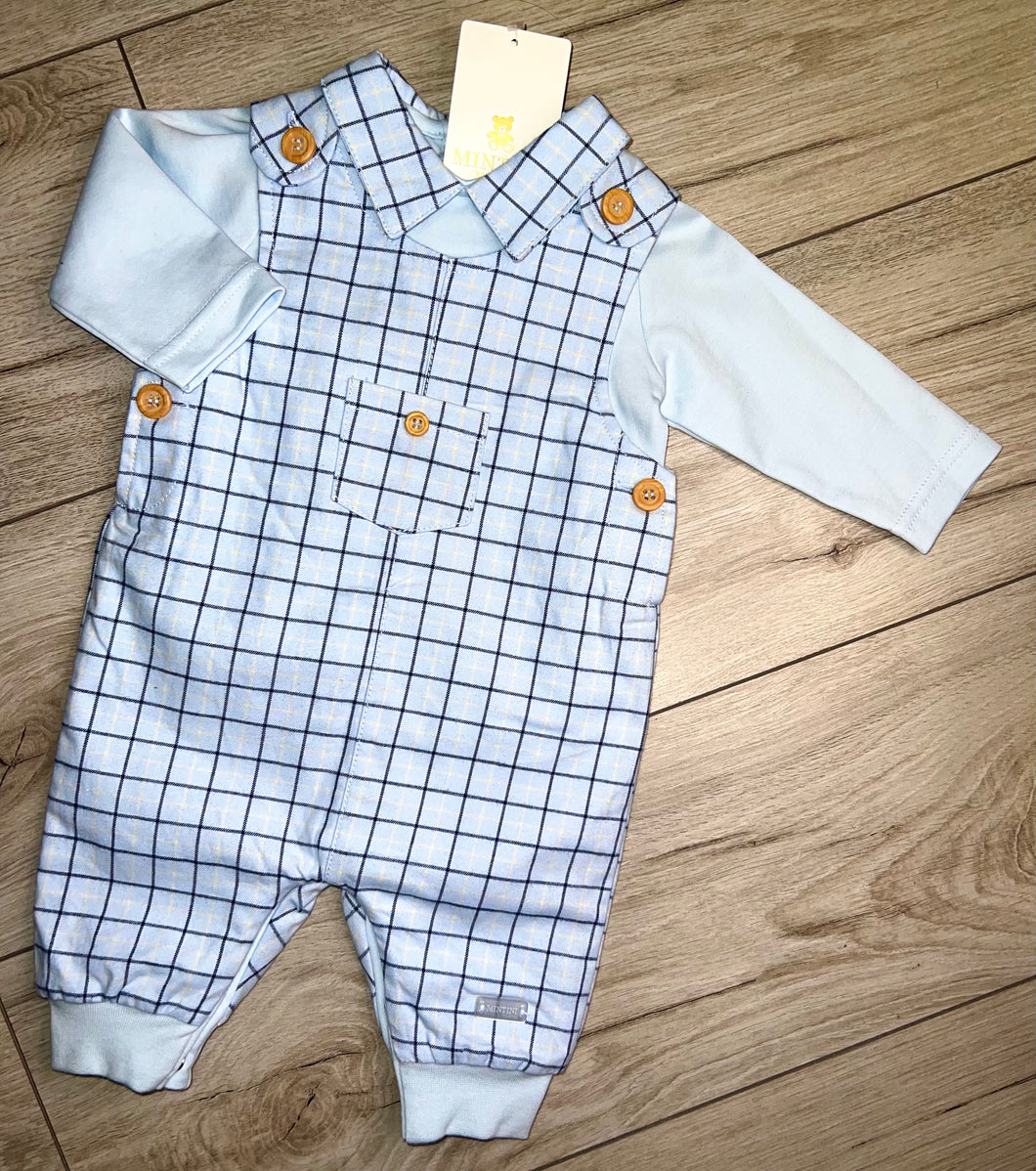 Mintini blue check boys dungaree set