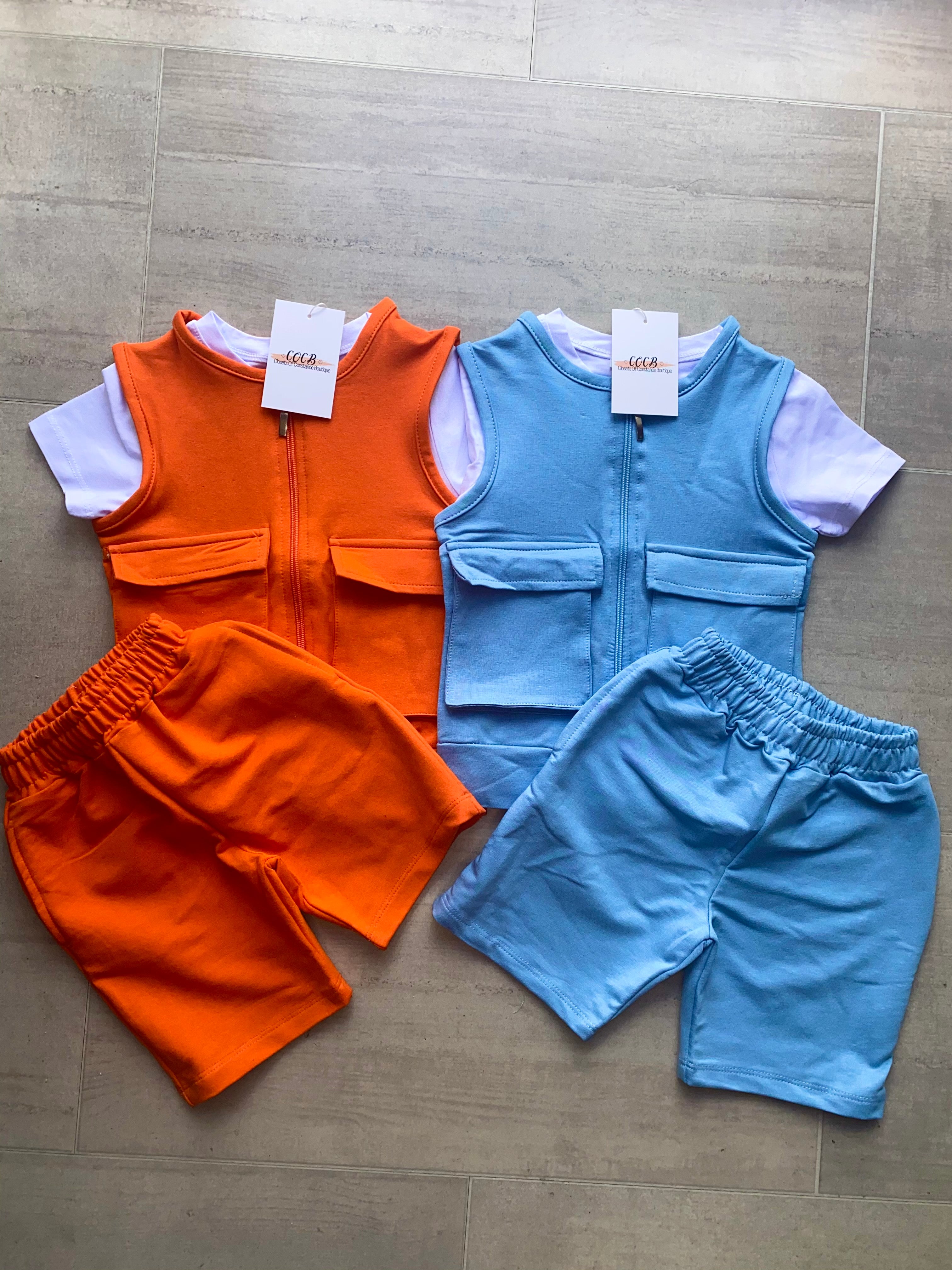 3 piece gilet, shorts & tshirt set