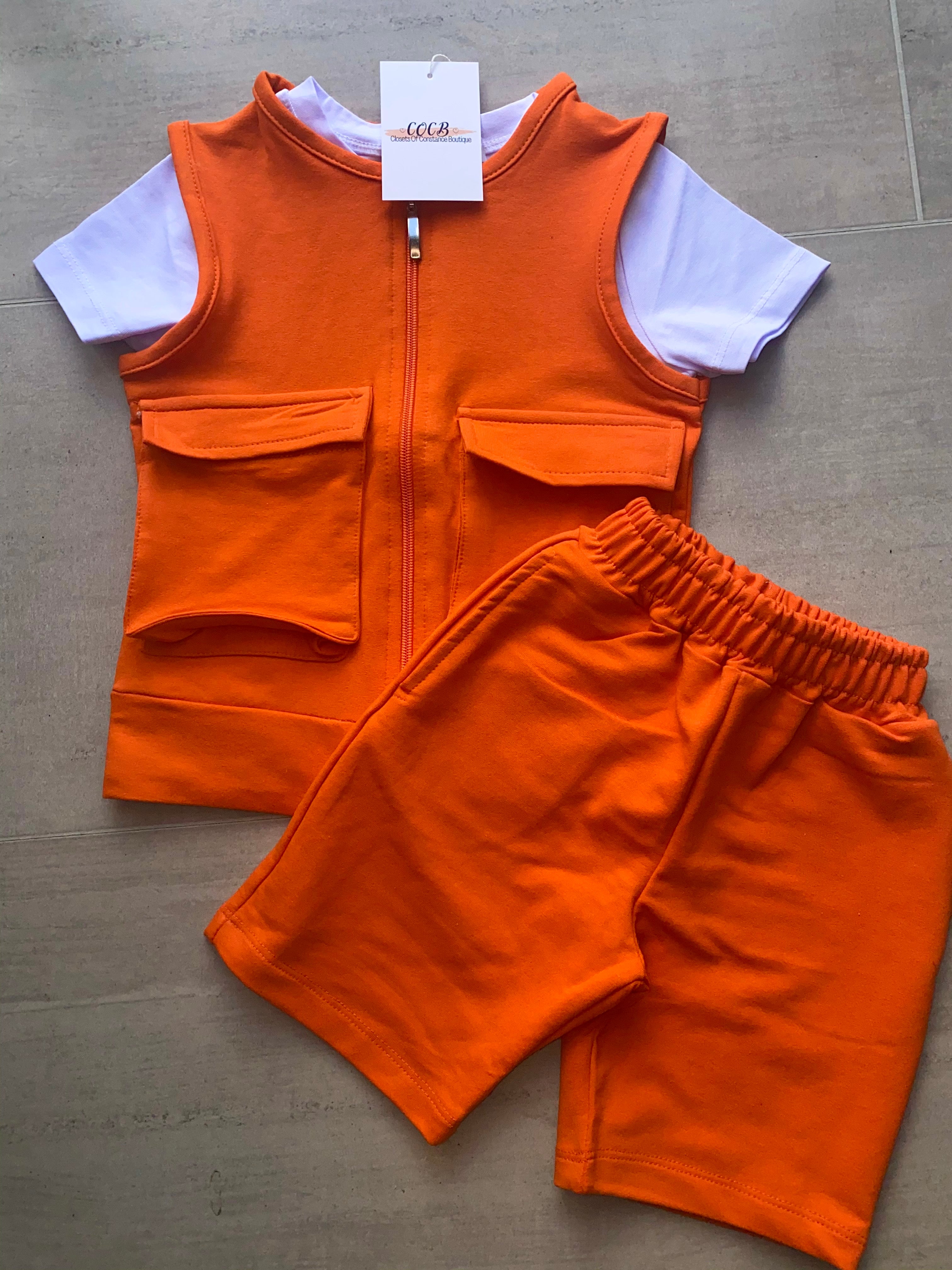 3 piece gilet, shorts & tshirt set