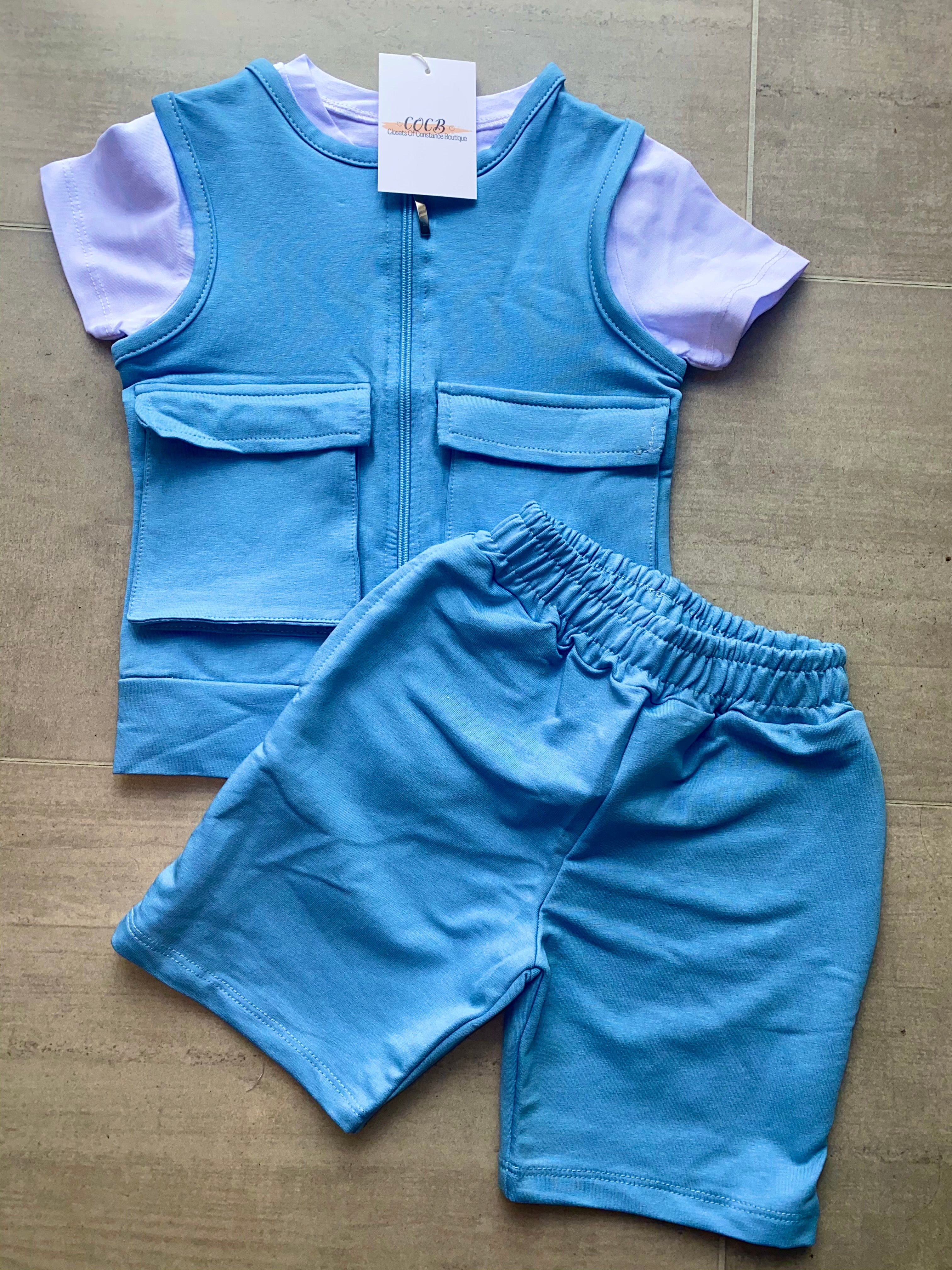 3 piece gilet, shorts & tshirt set